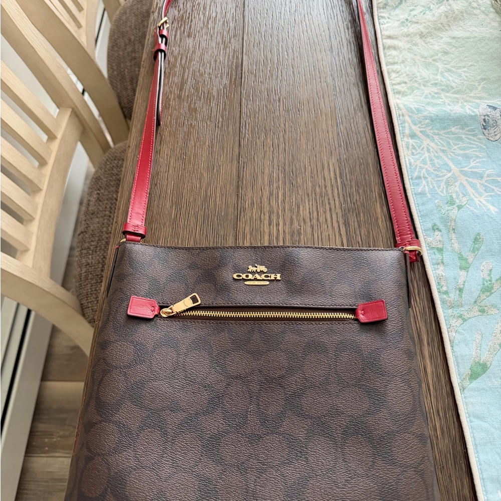 Coach Signature File Crossbody Bag Brown Canvas Red Trim Authentic